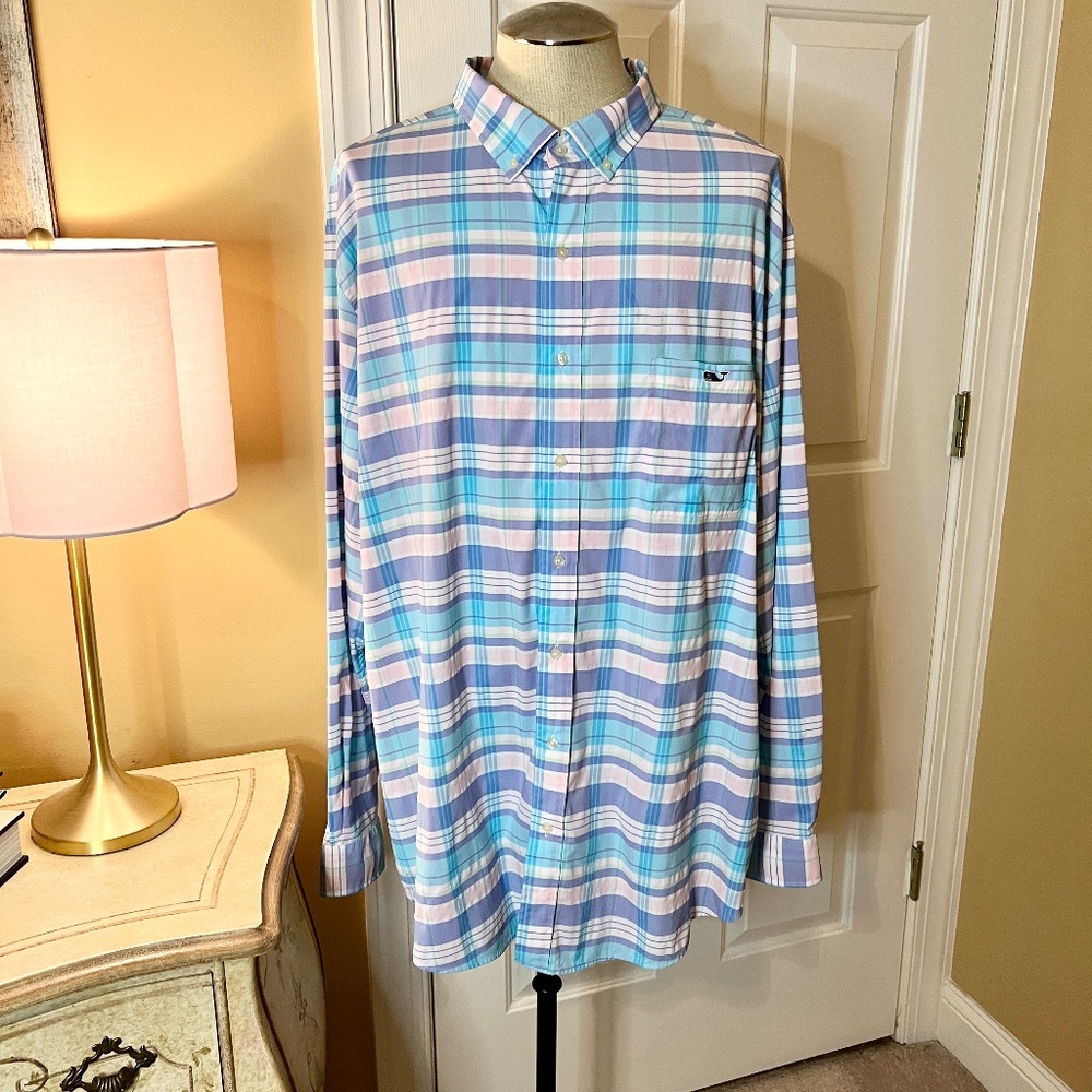 Vineyard Vines Blue and Pink Plaid Casual Button Down Shirt